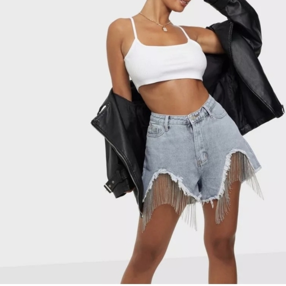 Misguided Denim Shorts with Chain Rhonestone Fringe Detail S